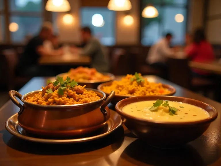 Authentic Indian Cuisine in Canada Biryani served on a restaurant table, garnished with fresh herbs and aromatic spices.