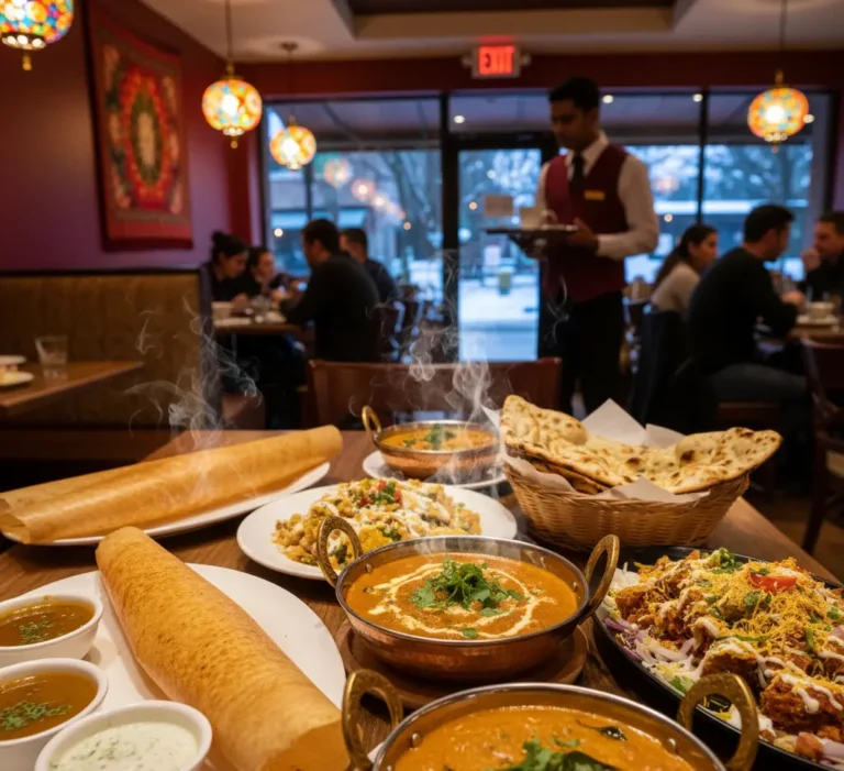 A colorful spread of favourite Indian food among Canadians including dosa, butter chicken, samosa chaat, and Kerala curry at an Indian restaurant in Lethbridge