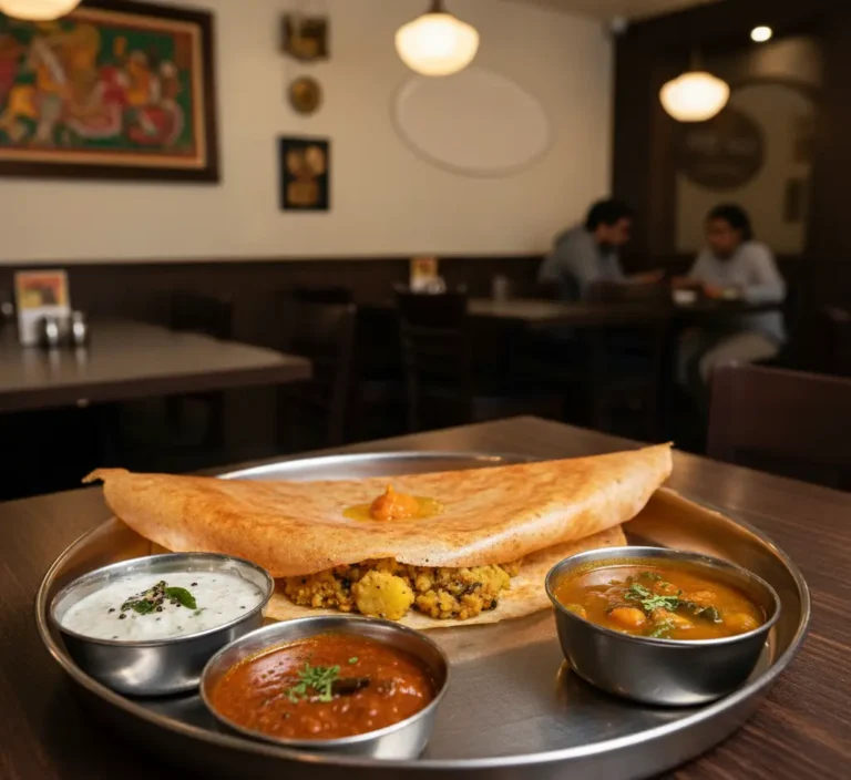 Crispy Masala Dosas served with chutney and sambar at an Indian restaurant in Lethbridge