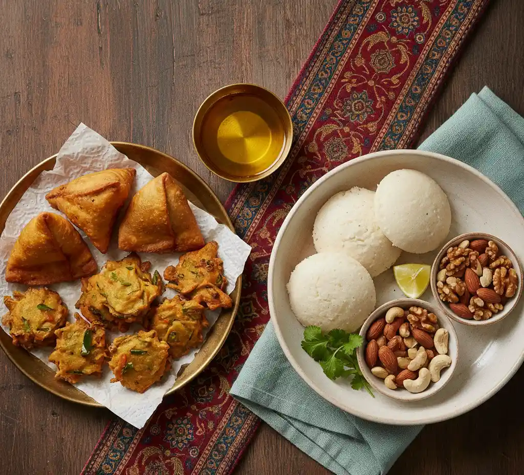A visual comparison showing high-fat Indian dishes like samosas versus healthy alternatives, addressing the question: Is Indian fast food high in saturated fat?